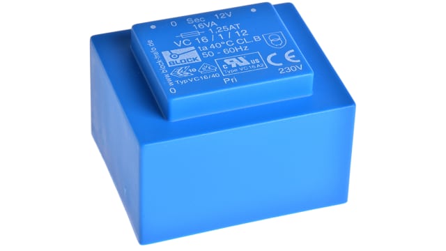Block 12 V ac 1 Output Pin PCB Transformer, C-UL-US, ENEC 10 (VDE) 16 VA | VC 16/1/12