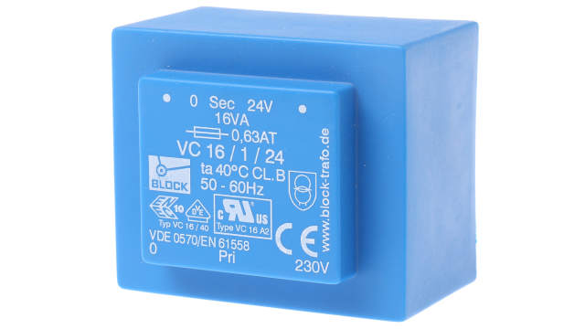 Block 24 V ac 1 Output Pin PCB Transformer, ENEC 10 (VDE), C-UL-US 16 VA | VC 16/1/24