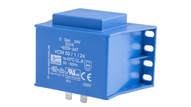 Block 24 V 1 Output Through Hole PCB Transformer, C-UL-US, ENEC 10 (VDE) 50 VA | VCM 50/1/24