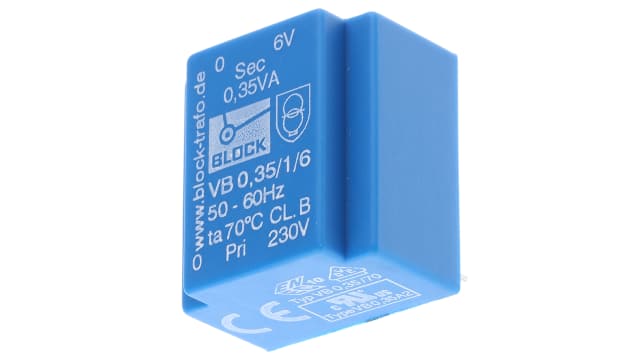 Block 6 V ac 1 Output Through Hole PCB Transformer, EN 61558-2-6 2009, CSA 22.2, UL 5085-1/-2 0.35 VA | VB 0,35/1/6