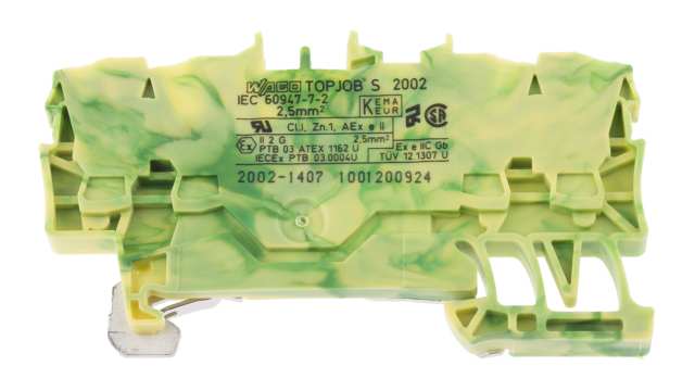 WAGO 2002-1407 Earth Terminal Block Green, Yellow, 2.5 mm², 1-Level, Cage Clamp, IECEx/ATEX | 2002-1407