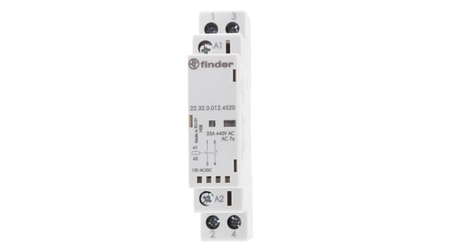 Finder 22 Contactor, 12 V dc Coil, 2-Pole, 25 A, 2.2 W 12 V, 1 NO/1 NC, 250 V dc, 440V ac | 22.32.0.012.4520