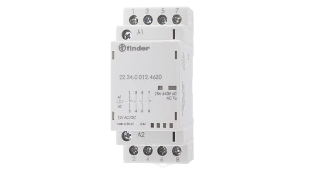 Finder 22 Contactor, 12 V dc Coil, 4-Pole, 25 A, 4 kW 12 V, 2 NO/2 NC, 250 V dc, 440V ac | 22.34.0.012.4620
