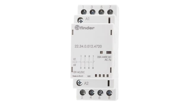 Finder 22 Contactor, 12 V dc Coil, 4-Pole, 25 A, 4 kW 12 V dc, 3 NO/1 NC, 250 V dc, 440V ac | 22.34.0.012.4720
