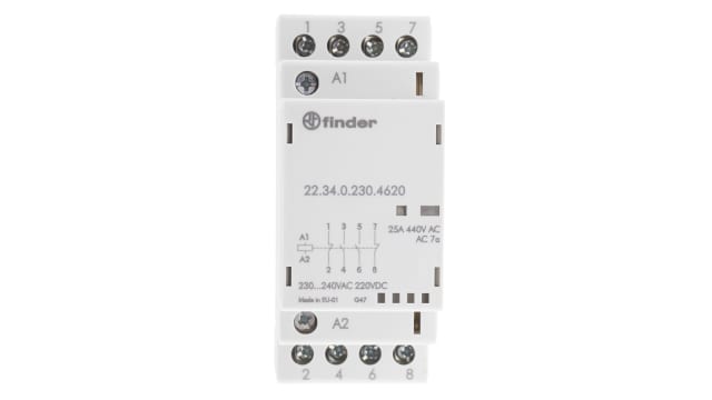 Finder 22 Contactor, 230 V ac Coil, 4-Pole, 25 A, 4 kW 230 V, 2 NO/2 NC, 250 V dc, 440V ac | 22.34.0.230.4620