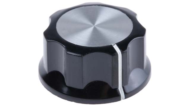 TE Connectivity 33mm Black Potentiometer Knob for 6.35mm Shaft Splined, PKES120B1/4 | PKES120B1/4