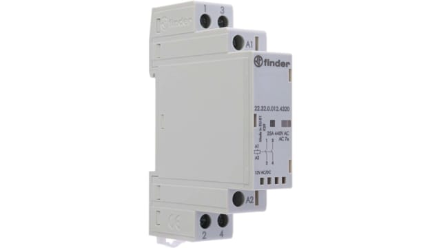 Finder 22 Contactor, 12 V Coil, 2-Pole, 25 A, 2.2 W 12 V, 2 NO, 440V | 22.32.0.012.4320