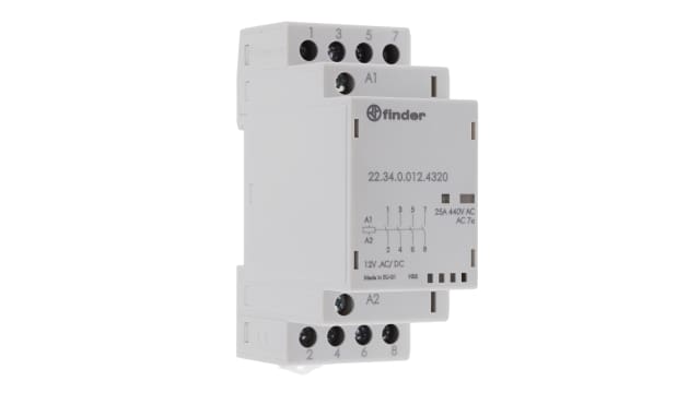 Finder 22 Contactor, 12 V ac/dc Coil, 4-Pole, 25 A, 2 NO, 250V | 22.34.0.012.4320