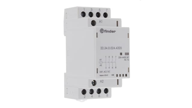 Finder 22 Contactor, 24 V ac/dc Coil, 4-Pole, 25 A, 2 NO, 440V | 22.34.0.024.4320