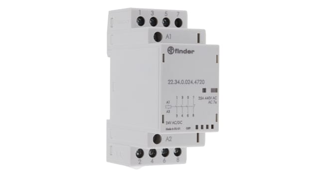 Finder 22 Contactor, 24 V Coil, 4-Pole, 25 A, 2 NO, 440V | 22.34.0.024.4720