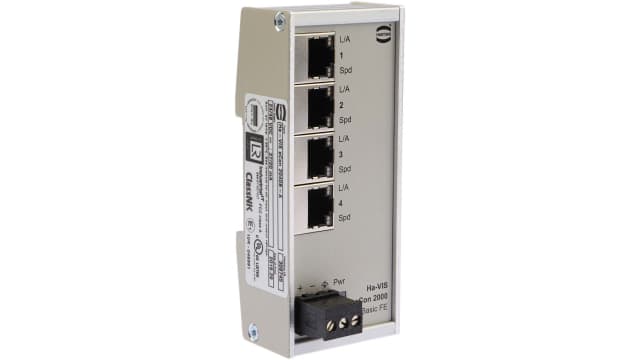 HARTING DIN Rail Mount Industrial Ethernet Switch, 4 RJ45 Ports, 10/100Mbit/s Transmission, 28/48V dc | 24020040010
