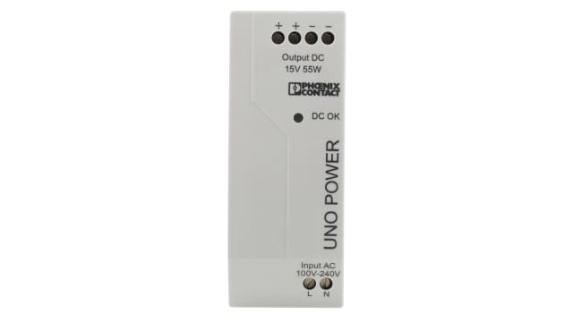 Phoenix Contact UNO POWER Switched Mode DIN Rail Power Supply, 85 → 264V ac ac Input, 15V dc dc Output, 3.7A | 2903001