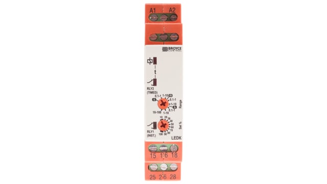 Broyce Control DIN Rail Mount Timer Relay, 12 → 230V ac/dc, 2-Contact, 0.1 s → 100h, 1-Function, 2 x SPDT | LEDK  12-230V AC/DC