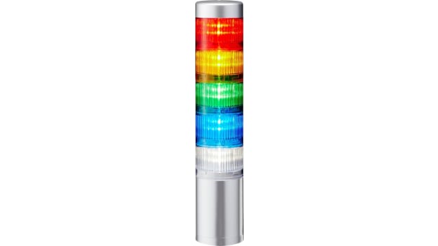 Patlite LR6 Series Coloured Signal Tower, 5 Lights, 24 V dc, Direct Mount | LR6-502WJNU-RYGBC