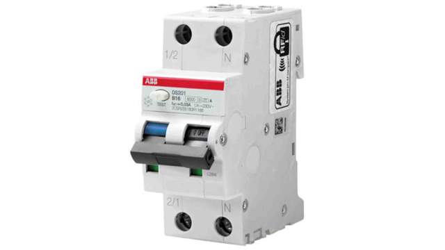 ABB Residual Current Circuit Breaker with Overload Protection, 16 A Current Rating, 2-Pole, 100 mA Trip Sensitivity, | 2CSR255080R2164  DS201 C16 AC100