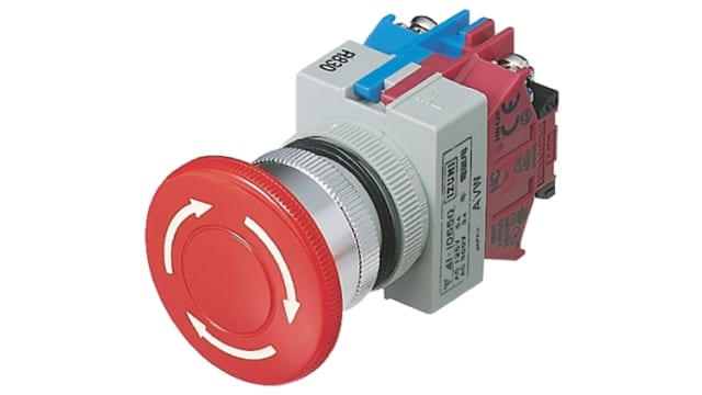Idec TW Series Twist Release Emergency Stop Push Button, Panel Mount, 22mm Cutout, 1NC, IP65 | AVW401-R
