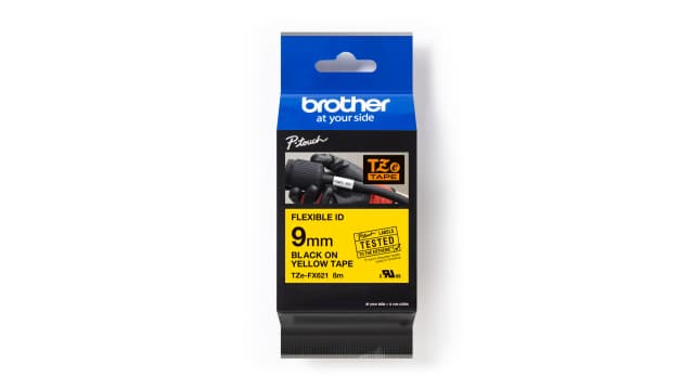 Brother Black on Yellow Label Printer Tape, 8 m Length, 9 mm Width | TZE-FX621