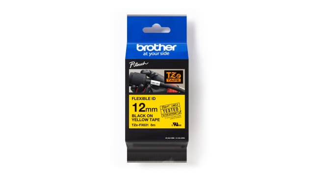 Brother Black on Yellow Label Printer Tape, 8 m Length, 12 mm Width | TZE-FX631