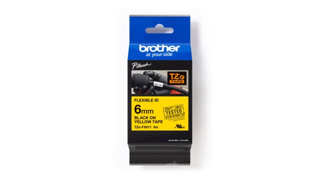 Brother Black on Yellow Label Printer Tape, 8 m Length, 6 mm Width | TZE-FX611
