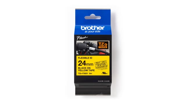 Brother Black on Yellow Label Printer Tape, 8 m Length, 24 mm Width | TZE-FX651