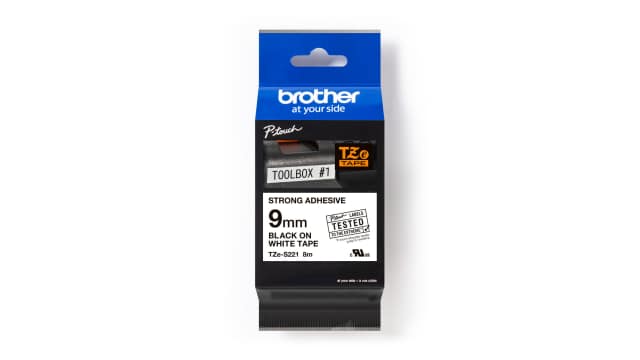 Brother Black on White Label Printer Tape, 8 m Length, 9 mm Width | TZE-S221