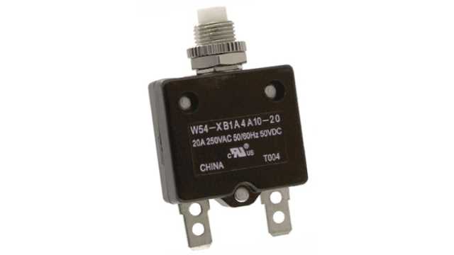 TE Connectivity Thermal Circuit Breaker - W54  Single Pole 250V ac Voltage Rating, 20A Current Rating | W54-XB1A4A10-20