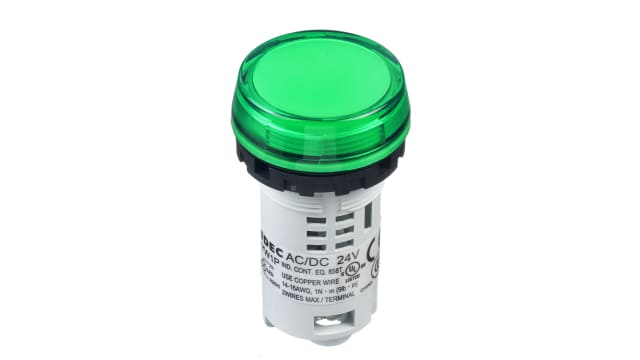 Idec, IDEC YW, Panel Mount Green LED Pilot Light, 22mm Cutout, 24V ac/dc | YW1P-1BUQ4G
