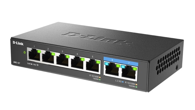 D-Link 7-Port Multi-Gigabit Unmanaged Switch, Unmanaged 7 Port Gigabit Switch, UK | DMS-107/B