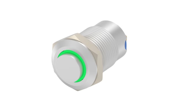 TE Connectivity AV12 Series Illuminated Push Button Switch, Momentary, Threaded, 12 to 25 mm Cutout, SPST, Green LED, | AV1210E612R04