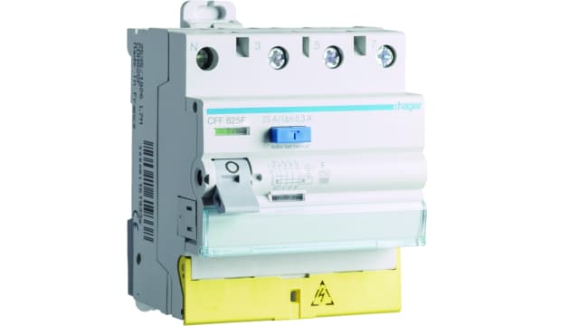Hager CFF RCD Switch, 25A, 4 Pole, 300mA, Type F, 230 → 400V | CFF825F