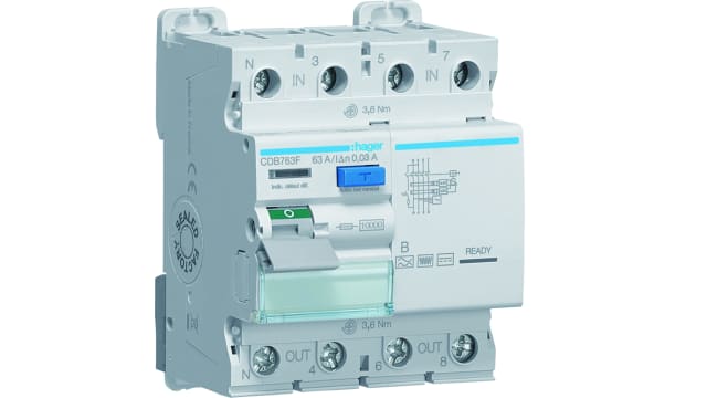 Hager CDB RCD Switch, 63A, 4 Pole, 30mA, Type B, 230 → 400V | CDB763F