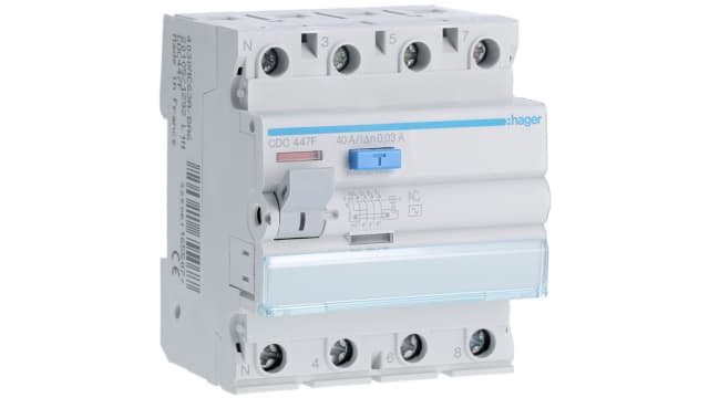 Hager CDC RCD Switch, 40A, 4 Pole, 30mA, Type AC, 230 → 400V | CDC447F