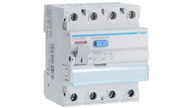 Hager CDC RCD Switch, 63A, 4 Pole, 30mA, Type AC, 230 → 400V | CDC470F