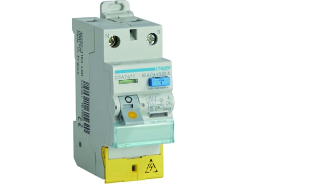 Hager CDA RCD Switch, 40A, 2 Pole, 30mA, Type A, 127 → 230V | CDA747F