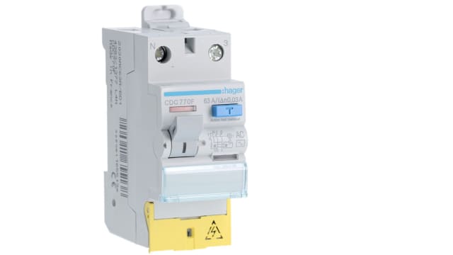 Hager CDC RCD Switch, 63A, 2 Pole, 30mA, Type AC, 127 → 230V | CDC770F