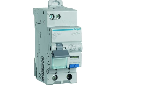 Hager RCBO, 16A Current Rating, 1P+N Poles, 30mA Trip Sensitivity, Type F | ADF823F