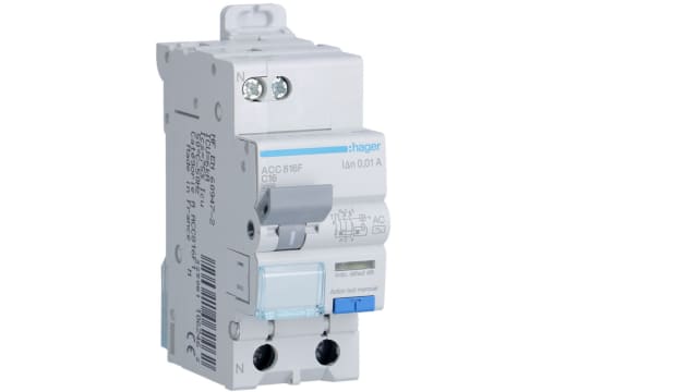 Hager RCBO, 16A Current Rating, 1P+N Poles, 10mA Trip Sensitivity, Type AC | ACC816F