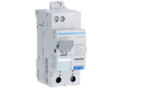 Hager RCBO, 16A Current Rating, 1P+N Poles, 30mA Trip Sensitivity, Type AC | ADC823F