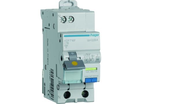 Hager RCBO, 16A Current Rating, 1P+N Poles, 30mA Trip Sensitivity, Type F | ADF716F