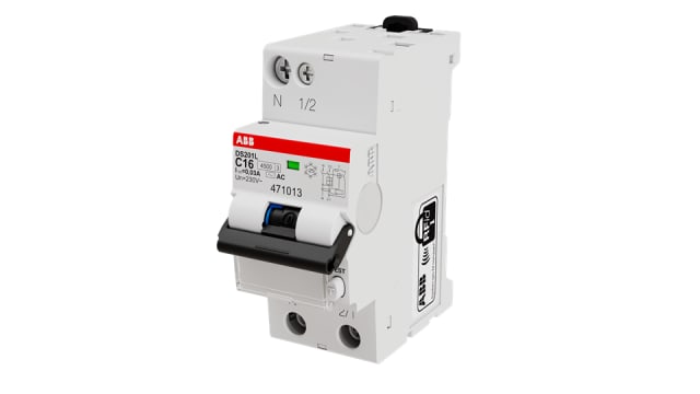 ABB Residual Current Circuit Breaker with Overload Protection, 16 A Current Rating, 1-Pole, 30 mA Trip Sensitivity, Type | 2CSR245041R1164