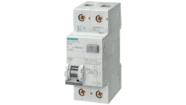 Siemens Residual Current Circuit Breaker with Overload Protection, 16 A Current Rating, 2-Pole, 30 mA Trip Sensitivity, | 5SU13531KL16