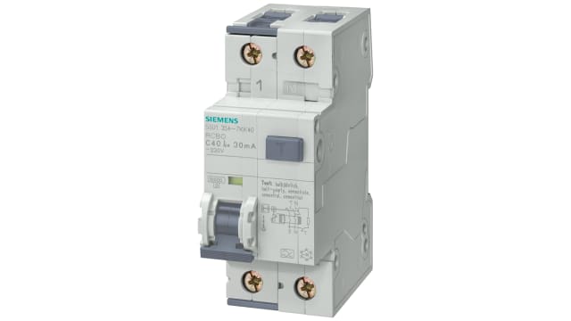 Siemens Residual Current Circuit Breaker with Overload Protection, 6 A Current Rating, 2-Pole, 30 mA Trip Sensitivity, | 5SU13541KK06