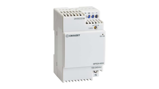 Crouzet Switched Mode DIN Rail Power Supply, 100V ac ac Input, 24V dc, 2.5A Output | 89451006