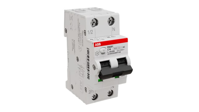 ABB Residual Current Circuit Breaker with Overload Protection, 16 A Current Rating, 2-Pole, 30 mA Trip Sensitivity, Type | 2CSR255080R1164  DS201 C16 AC30