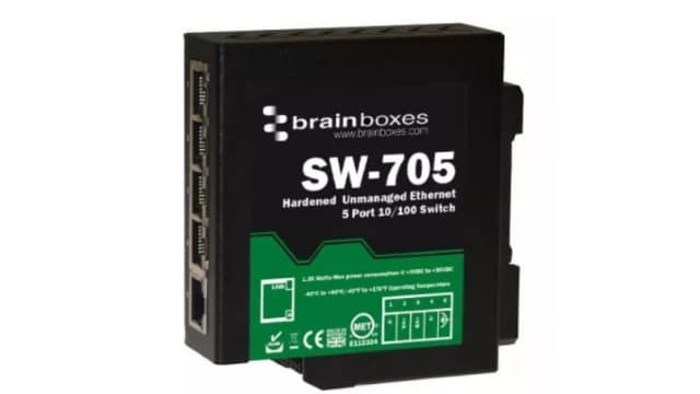Brainboxes DIN Rail Mount Industrial Ethernet Switch, 5 RJ45 Ports, 100Mbit/s Transmission, 5 → 30V dc | SW-705