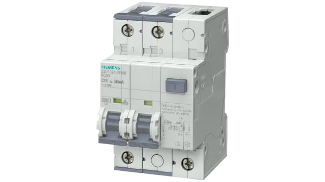Siemens Residual Current Circuit Breaker with Overload Protection, 16 A Current Rating, 2-Pole, 30 mA Trip Sensitivity, | 5SU1324-7FA16