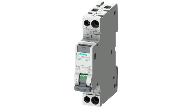 Siemens Residual Current Circuit Breaker with Overload Protection, 16 A Current Rating, 2-Pole, 30 mA Trip Sensitivity, | 5SV1316-7LK16
