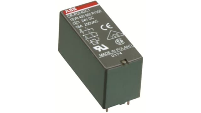 ABB CR Series Interface Relay, DIN Rail Mount, 24V ac Coil, SPDT, 16A Load | 1SVR405600R0000 CR-P024AC1