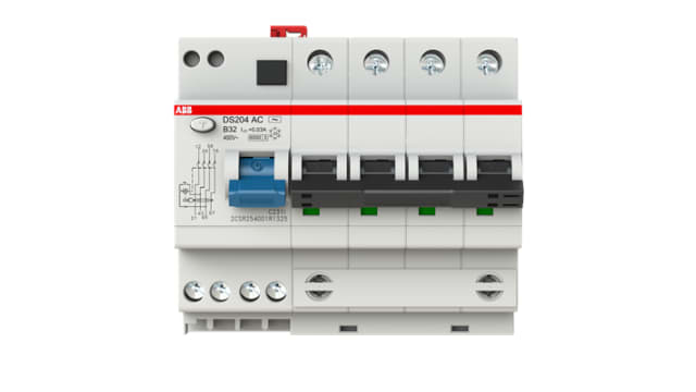 ABB Residual Current Circuit Breaker with Overload Protection, 32 A Current Rating, 4-Pole, 30 mA Trip Sensitivity, Type | 2CSR254001R1325