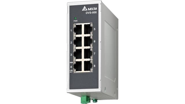 Delta Electronics Industrial Ethernet Switch, 8 RJ45 Ports, 2.4Mbit/s Transmission, 12 → 48V dc | DVS-008I00
